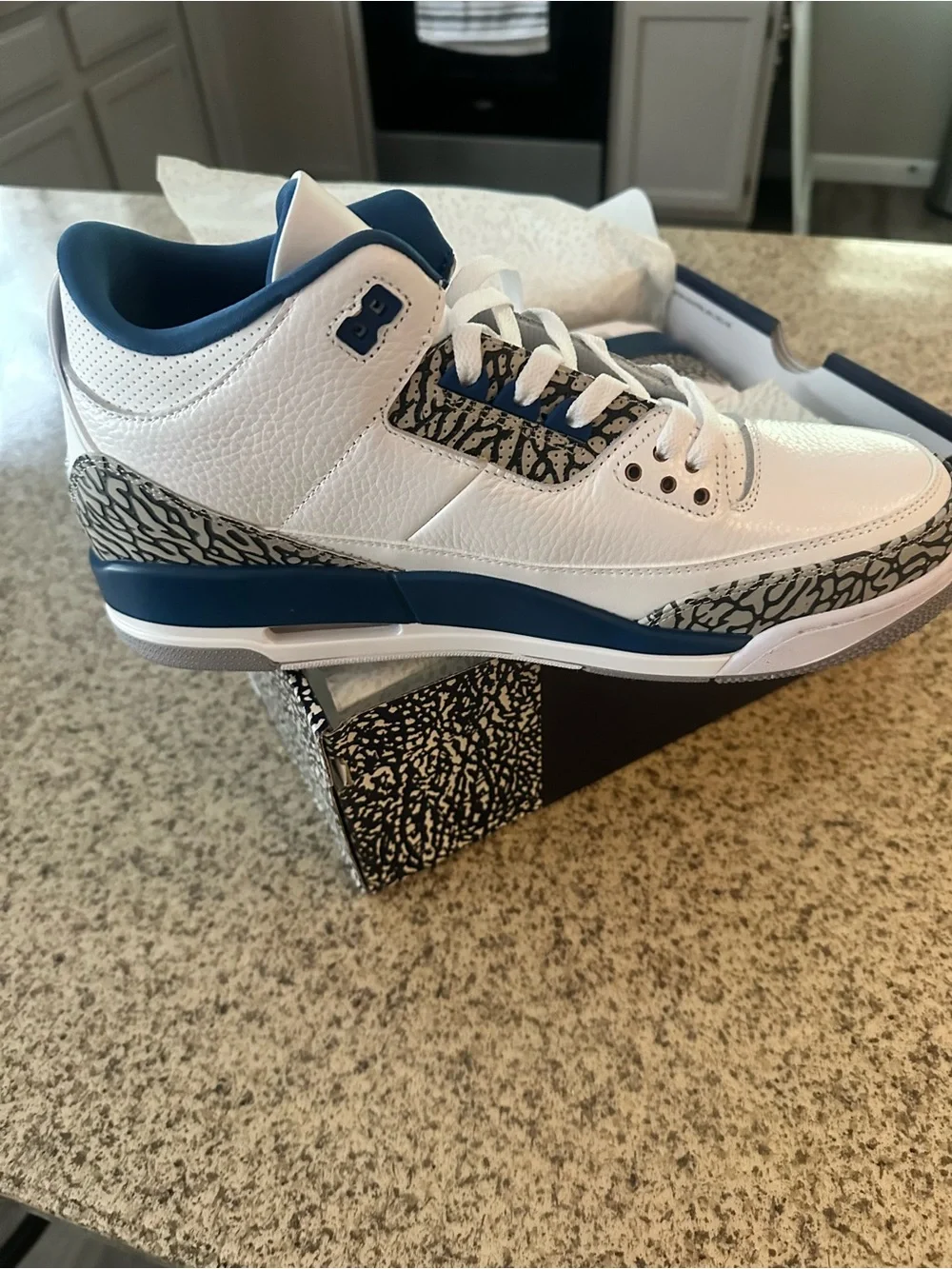 Air Jordan 3 Retro. Men’s White with Blue and Gold Jumpman Sneakers
